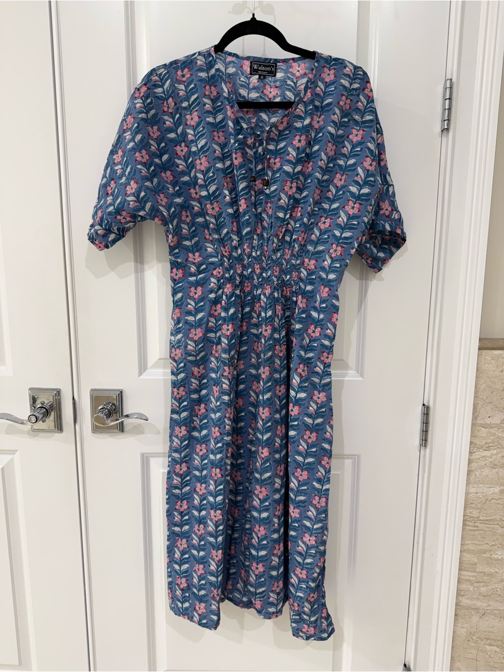 Walton’s 100% cotton Blue Floral-Print Midi Dress with Pink Accents